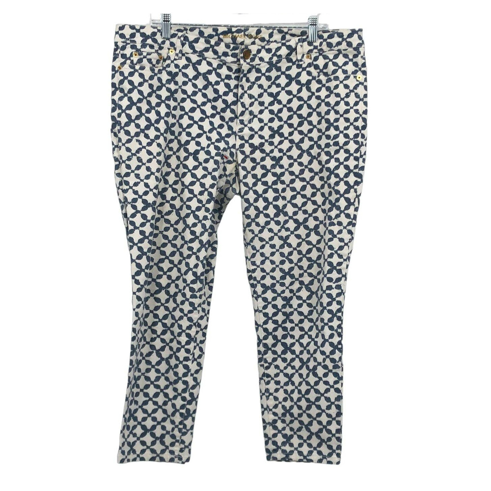 MICHAEL Michael Kors Trouser Pants Blue Pattern Straight Front White Size 16